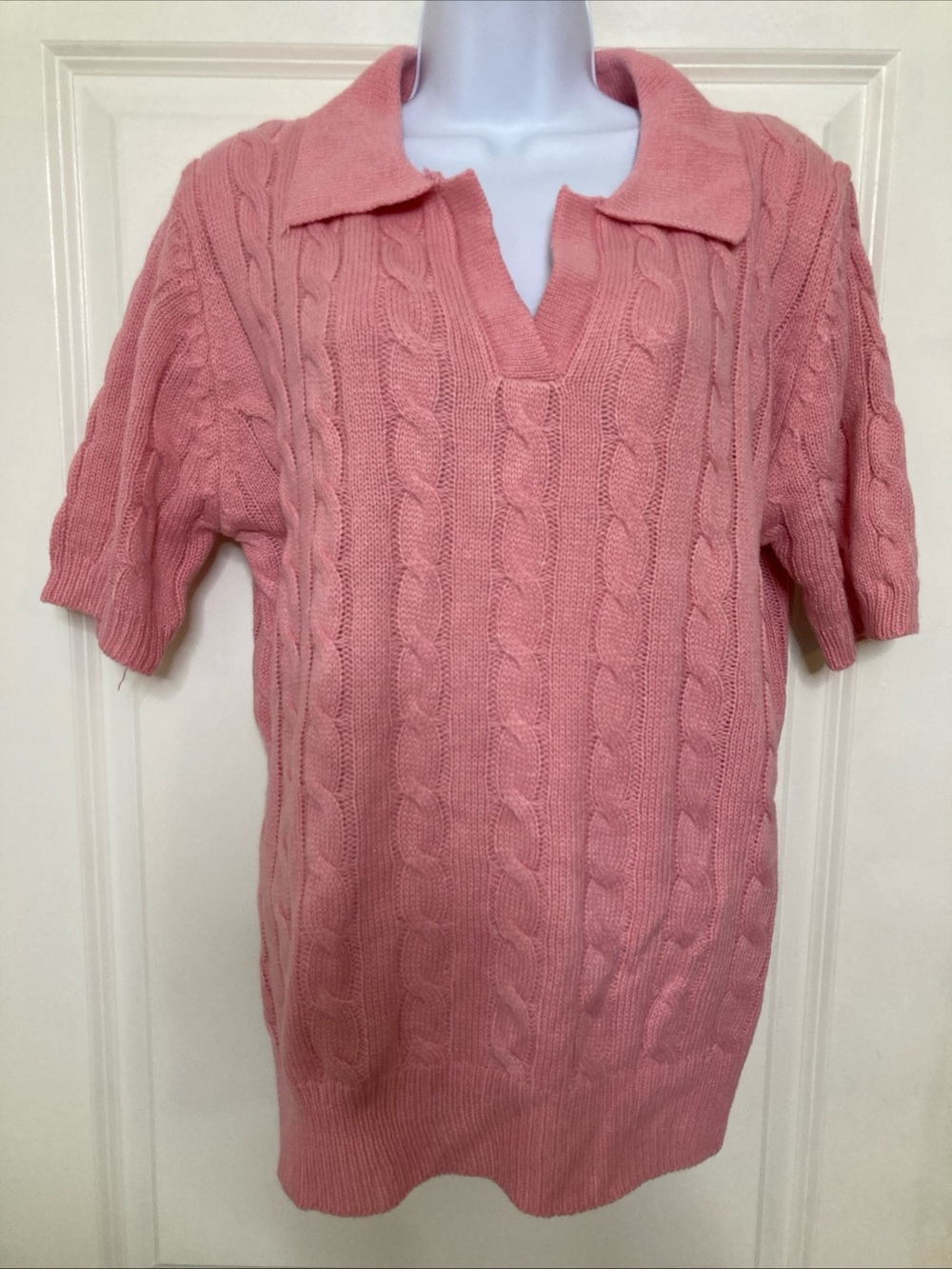 Cable Knit Pink V Neck Short Sleeve Collard Polo Sweater Preppy Old Money  XXL